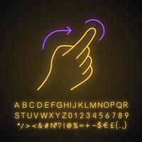 Flick right gesturing neon light icon. Touchscreen gesture. Human hand and fingers. Tap, point, click. Using sensory devices. Glowing sign with alphabet, numbers, symbols. Vector isolated illustration