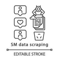 SM data scraping linear icon. RPA. Cloud storage cleaning. Robotic process automation. Thin line illustration. Contour symbol. Vector isolated outline drawing. Editable stroke