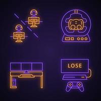 Esports neon light icons set. Gaming environment. Multiplayer video game. PC steering wheel. Player desk. Losing game. Glowing signs. Vector isolated illustrations