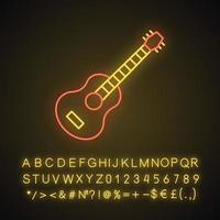 Guitar neon light icon. Mexican vihuela. String acoustic musical instrument. Ukulele. Glowing sign with alphabet, numbers and symbols. Vector isolated illustration