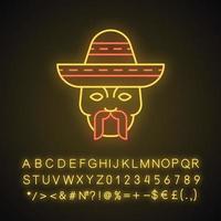Head with mustache and sombrero neon light icon. Macho. Traditional mexican man. Glowing sign with alphabet, numbers and symbols. Vector isolated illustration