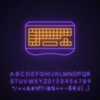 icono de luz de neón del teclado para juegos. equipo de deportes electrónicos. dispositivo informático ergonómico para jugadores. signo brillante con alfabeto, números y símbolos. ilustración vectorial aislada vector