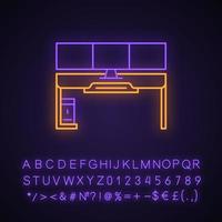 icono de luz de neón del escritorio de juegos. entorno de los deportes electrónicos. muebles ergonómicos para el juego. mesa de ordenador de jugador. signo brillante con alfabeto, números y símbolos. ilustración vectorial aislada vector