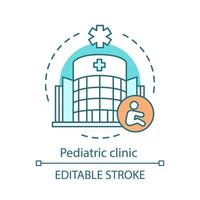 Pediatric clinic concept icon. Kids health care services. Child medical specialists. Treatment and checkup. Children hospital idea thin line icon. Vector isolated outline drawing. Editable stroke