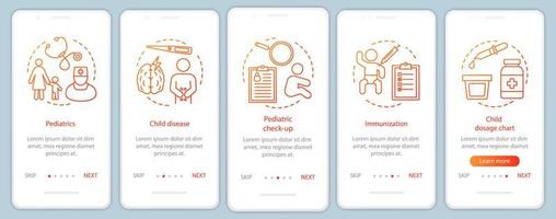 Pediatrics onboarding mobile app page screen with linear concepts. Child disease, immunization, dosage chart, check-up walkthrough steps graphic instructions. UX, UI, GUI vector template with icons
