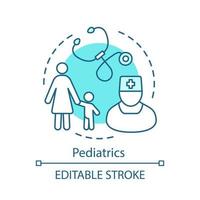 Pediatrics concept icon. Pediatric health care center. Pediatrician and stethoscope. Kid clinic. Childcare medical service idea thin line illustration. Vector isolated outline drawing. Editable stroke