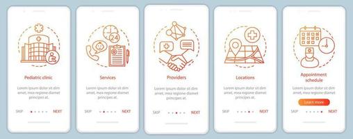 Pediatric clinic onboarding mobile app page screen with linear concepts. Providers, locations, appointment schedule walkthrough steps graphic instructions. UX, UI, GUI vector template with icons