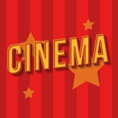 Cinema vintage 3d lettering. Retro bold font, typeface. Golden pop art stylized text. Old school style letters. 90s, 80s poster, banner, signboard typography design. Red striped color background
