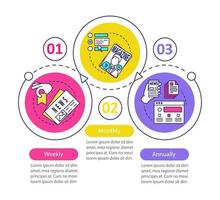 periódico, plantilla de infografía vectorial de suscripción a revista. Planes tarifarios semanales, mensuales. visualización de datos con tres pasos y opciones. gráfico de línea de tiempo del proceso. diseño de flujo de trabajo con iconos vector