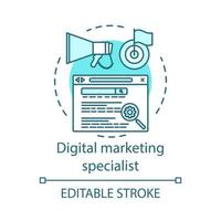 Digital marketing specialist concept icon. Search engine optimization idea thin line illustration. SEO strategy. Targeted marketing. Website ranking. Vector isolated outline drawing. Editable stroke