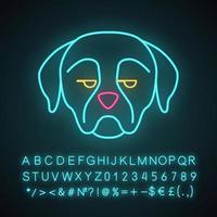 Rottweiler cute kawaii neon light character. Dog with unamused muzzle. Animal with eyes looking to side. Funny emoji, emoticon. Glowing icon, alphabet, numbers, symbols. Vector isolated illustration