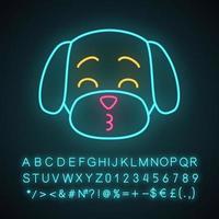 lindo personaje de luz de neón kawaii maltés. perro con bozal de besos. animal feliz con ojos sonrientes. emoji divertido, emoticono. icono brillante con alfabeto, números, símbolos. ilustración vectorial aislada vector