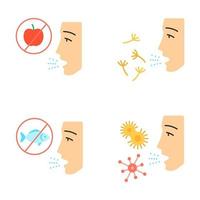 Allergies flat design long shadow color icons set. Food, pollen, bacteria intolerance. Allergen sources. Allergic diseases. Medical problem. Cause of swelling. Vector silhouette illustrations