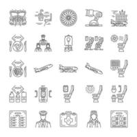 Aviation services linear icons set. Airplane comfortable seating. Passengers at plane salon. Jet safeness. Aircraft. Thin line contour symbols. Isolated vector outline illustrations. Editable stroke