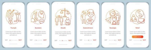 Human states onboarding mobile app page screen with linear concepts. Triumph, boredom, doubt, nostalgia, relief walkthrough steps graphic instructions. UX, UI, GUI vector template with illustrations