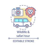 Wildlife and safari tour concept icon. Travel experience idea thin line illustration. Wild animals observation. National parks, private conservancies. Vector isolated outline drawing. Editable stroke