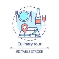 Culinary tour concept icon. Travel experience idea thin line illustration. Cuisine of foreign country. National gastronomy. Tasting local dishes. Vector isolated outline drawing. Editable stroke