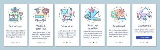 Travel experiences onboarding mobile app page screen with linear concepts. Cultural and desert travel. Six walkthrough steps graphic instructions. UX, UI, GUI vector template with illustrations