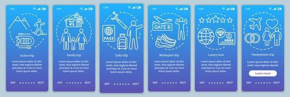 Travel styles onboarding mobile app page screen vector template. Luxury and multisport tour. Solo trip. Walkthrough website steps with linear illustrations. UX, UI, GUI smartphone interface concept