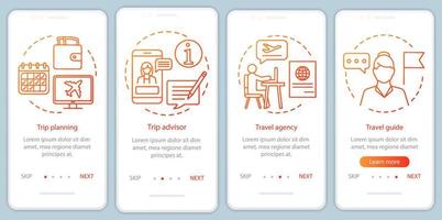 Traveling onboarding mobile app page screen with linear concepts. Trip planning. Four walkthrough steps graphic instructions. Travel agency and guide. UX, UI, GUI vector template with illustrations