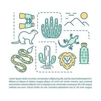 plantilla de vector de página de artículo de vida silvestre y safari. experiencias de viaje. folleto, revista, elemento de diseño de folleto con iconos lineales y cuadros de texto. diseño de impresión. ilustraciones conceptuales con espacio de texto