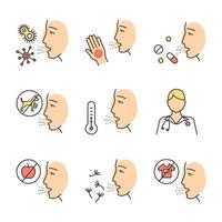 Allergies color icons set. Contact, food, respiratory diseases. Allergen sources. Diagnosis and medication. Hypersensitivity of immune system. Medical problem. Isolated vector illustrations