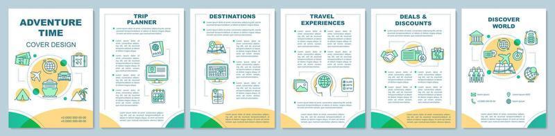 Adventure time cover design brochure template layout. Travel agency. Flyer, booklet, leaflet print design, linear illustrations. Vector page layouts for magazines, annual reports, advertising posters