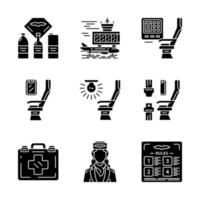Aviation services glyph icons set. Airplane comfortable seating. Stewardess, first aid kit. Jet safeness. Journey amenities. Airline facilities. Silhouette symbols. Vector isolated illustration