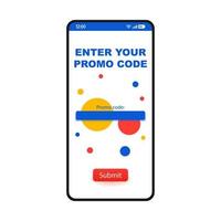 Enter promo code page smartphone interface template. Coupon deals mobile app design layout. Online discount code, special offer, voucher website screen. E coupon. Application flat UI. Phone display