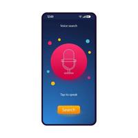 Voice search button smartphone interface vector template. Mobile application page blue design layout. Mic button phone display.Speech recognition microphone button screen. Flat UI for recording app