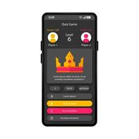 Online quiz game smartphone interface vector template. Mobile trivia app page black design layout. Crown screen. Flat UI for online quiz application. Wrong and right answer phone display