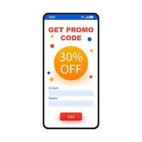 Promo code smartphone interface template. 30 percent off discount mobile website page layout. Getting money off coupon. Special offer, online voucher, gift card. Application flat UI. Phone display vector