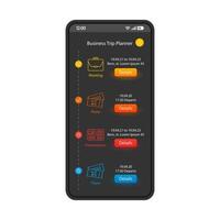 Business trip planner smartphone interface vector template. Flight tickets booking, meeting planning mobile page design layout. Business travel itinerary screen. Application flat UI. Phone display