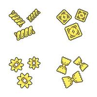 Pasta noodles types color icons set. Macaroni different shapes. Gemelli, ravioli, stele, farfalle. Mediterranean cuisine. Dough products. Traditional Italian food. Isolated vector illustrations