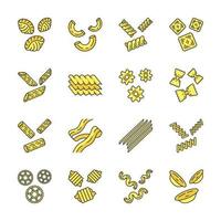 Pasta noodles color icons set. Italian traditional macaroni. Shaped and dried unleavened dough products. Assortment of dry flour groceries. Different types of noodles. Isolated vector illustrations