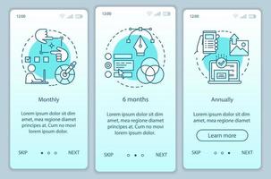 plantilla de vector de pantalla de página de aplicación móvil de incorporación de suscripción de editor de fotos. tarifas mensuales o anuales. paso a paso del sitio web con ilustraciones lineales. ux, ui, concepto de interfaz de teléfono inteligente gui