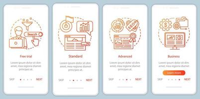 SEO keyword tool subscription onboarding mobile app page screen with linear concepts. Advanced tariff. Four walkthrough steps graphic instructions. UX, UI, GUI vector template with illustrations