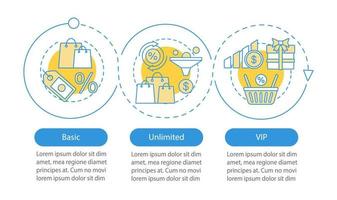 Plantilla infográfica vectorial de suscripción de bonificaciones de descuento. tarifa vip. elementos de diseño de presentación de negocios. visualización de datos, tres pasos, opción. gráfico de línea de tiempo del proceso. diseño de flujo de trabajo, iconos vector