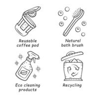 Zero waste swaps handmade linear icons set. Eco friendly materials. Eco cleaning products, reusable k-cup bath brush. Thin line contour symbols. Isolated vector outline illustrations. Editable stroke