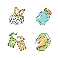 Recyclable kitchen utensils color icons set. Reusable mesh bag, beeswax food wrap. Refillable spices can, trash sorting containers. Isolated vector illustrations