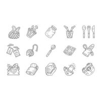 Zero waste kitchen linear icons set. Reusable cutlery, storage containers. Recyclable bags, household utensils. Thin line contour symbols. Isolated vector outline illustrations. Editable stroke