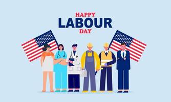 Happy labor day. various occupations people standing with american flag vector