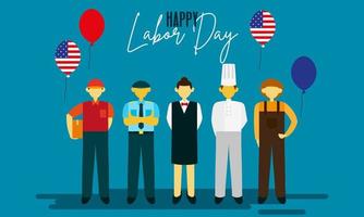 Happy labor day. various occupations people standing with american flag vector