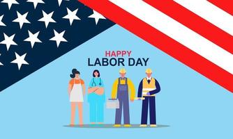 Happy labor day. various occupations people standing with american flag vector