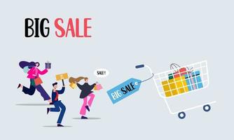 People run with shopping cart bag present box black friday big sale banner vector illustration