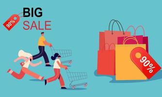 People run with shopping cart bag present box black friday big sale banner vector illustration