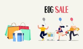 People run with shopping cart bag present box black friday big sale banner vector illustration