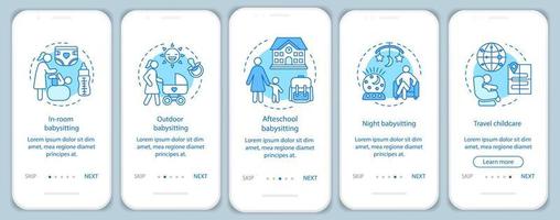 tipos de niñera que incorporan la plantilla de vector de pantalla de la página de la aplicación móvil. cuidado de niños en la habitación, después de la escuela y de noche. cuidado de niños en hoteles. paso a paso del sitio web. ux, ui, concepto de interfaz de teléfono inteligente gui