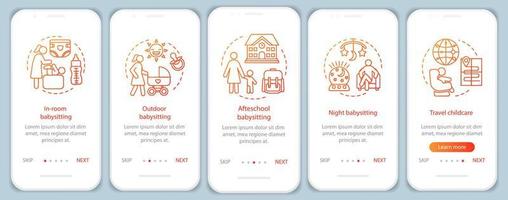 Babysitting service onboarding mobile app page screen vector template. Nanny agency. Hotel childcare. Choosing babysitter. Au pair. Walkthrough website steps. UX, UI, GUI smartphone interface concept