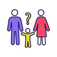 icono de color de evaluación de custodia infantil. padres resolviendo problemas. familia confundida. niño preguntando por qué. pareja problemática y preocupante. padres con signo de interrogación. ayuda familiar. ilustración vectorial aislada vector